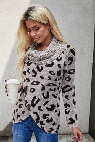 Wrap Turtleneck Sweater - Gray Leopard