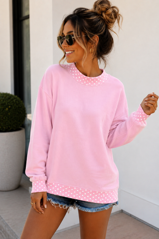 Polka Dot Details Crew Neck Sweatshirt - Pink