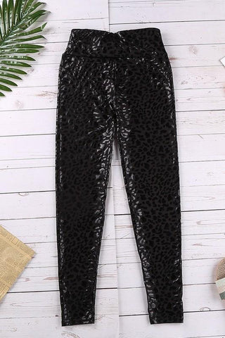 Leopard Print Pleather Leggings - Black