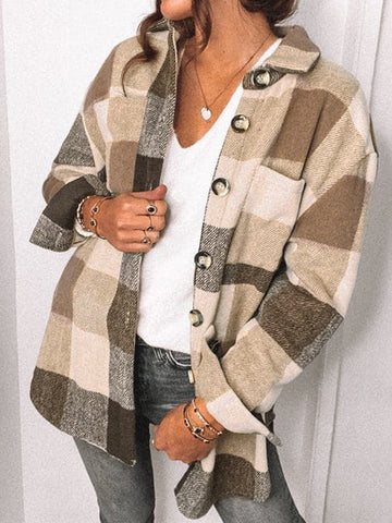 Thick Flannel Buffalo Plaid Shacket with Pockets - Brown