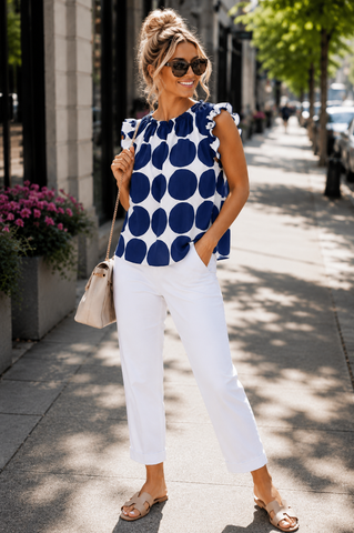 Polka Dot Ruffle Sleeve Top - Navy