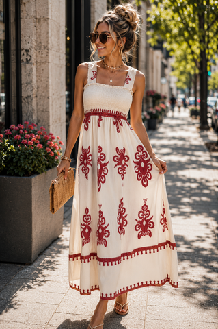 Damask Maxi Dress - Burgundy