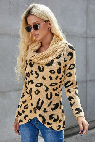 Wrap Turtleneck Sweater - Beige Leopard