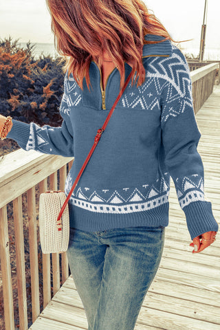 Aztec Zip Up Sweater - Blue