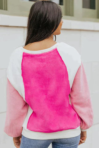 Color Block Fuzzy Sweatshirt - Pink