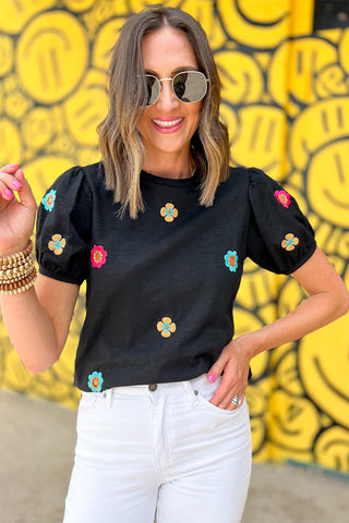 Daisy Pop Embroidered Top - Black