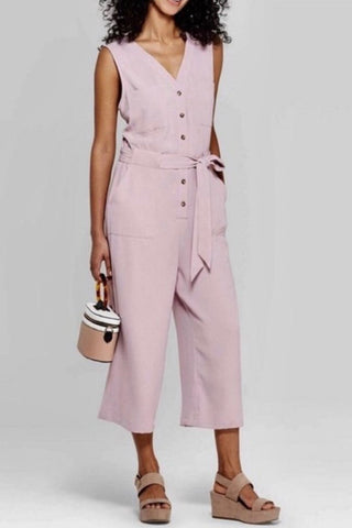 Crop Jumpsuit with Sash - Pink