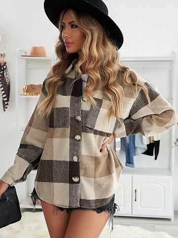 Thick Flannel Buffalo Plaid Shacket with Pockets - Brown