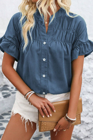 Ruffle Sleeve Button Up Top - Blue