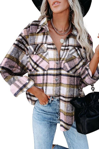 Flannel Plaid Shacket with Pockets - Pink