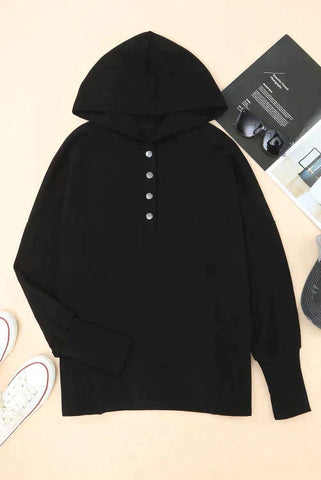 Henley Style Fall Hoodie - Black