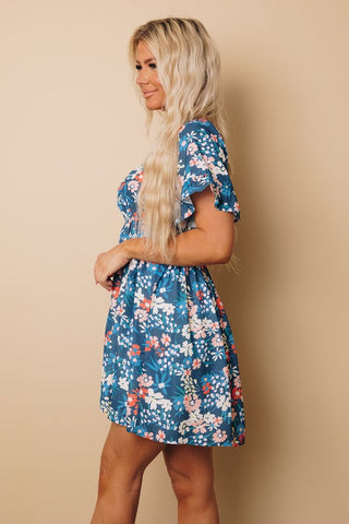 Wildflowers Elastic Waist Dress - Blue