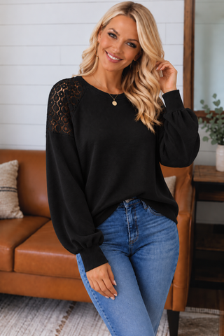 Lace Shoulder Thermal Top - Black