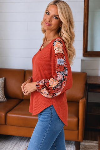 Contrast Sleeve Thermal Top - Orange