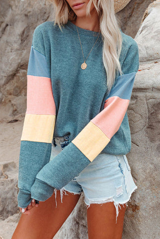 Rainbow Sleeve Crew Neck Sweatshirt - Blue