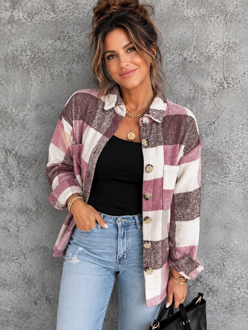 Thick Flannel Buffalo Plaid Shacket with Pockets - Pink