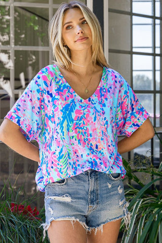 V-Neck Floral Top - Sky Blue