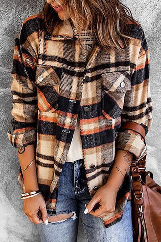 Flannel Plaid Shacket with Pockets - Orange