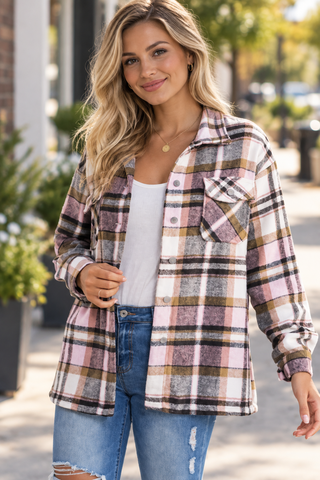 Flannel Plaid Shacket with Pockets - Pink