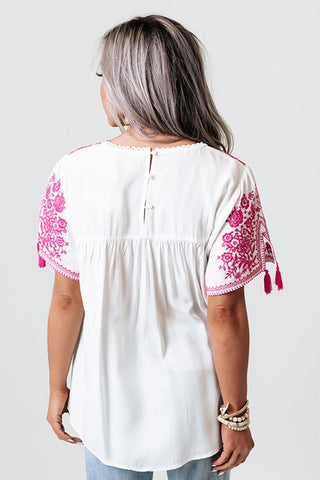 Pink and White Embroidered Top