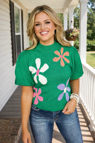 Short Sleeve Daisy Sweater - Green
