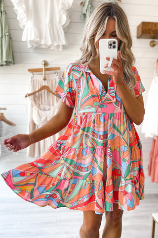 Retro Vibes Short Sleeve Dress - Coral