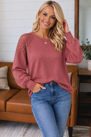 Lace Shoulder Thermal Top - Rose