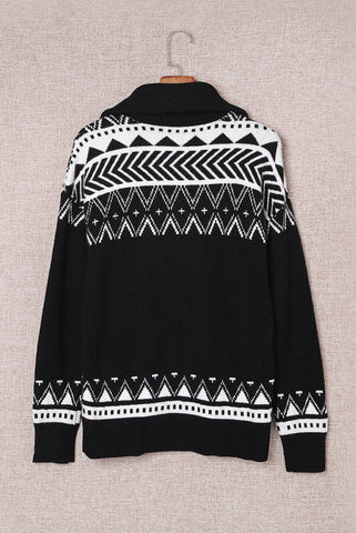 Aztec Zip Up Sweater - Black