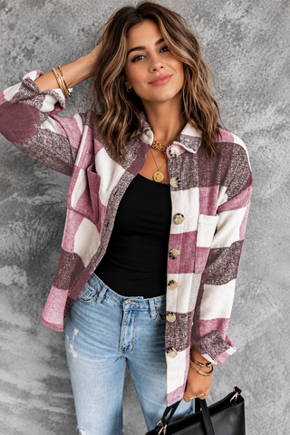 Thick Flannel Buffalo Plaid Shacket with Pockets - Pink