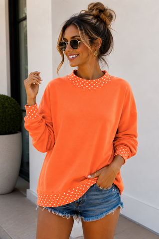 Polka Dot Details Crew Neck Sweatshirt - Orange