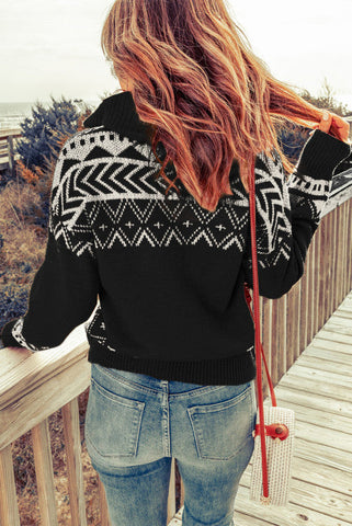 Aztec Zip Up Sweater - Black