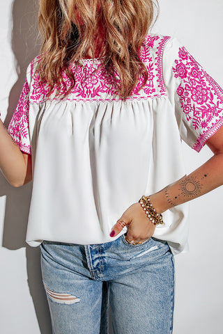 Pink and White Embroidered Top