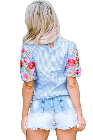 Checkered Embroidered Top - Blue