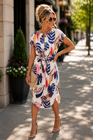 Work Friendly Midi Floral Dress - White Tropical Print