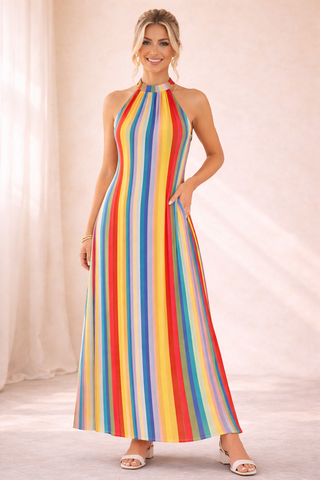 Rainbow Stripes Halter Maxi Dress by Peach Love
