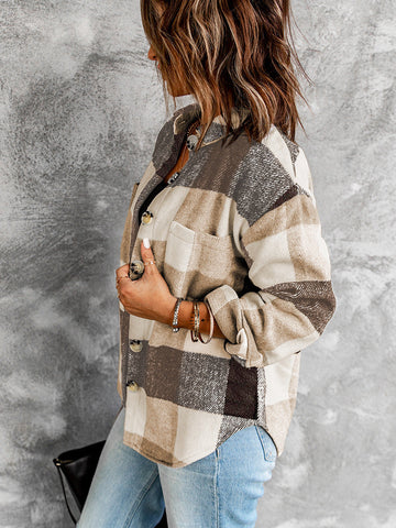 Thick Flannel Buffalo Plaid Shacket with Pockets - Brown