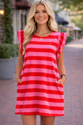 Ruffle Sleeve Striped Dress - Pink and Red