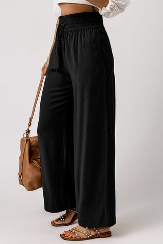 Elastic Waist Wide Leg Pants - Black
