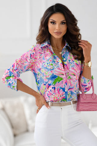 Abstract Floral Button Up Blouse - Pink