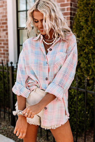 Plaid Button Up Top - Pink and Blue