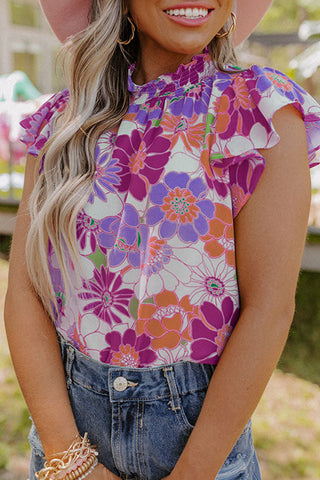 Retro Print Flutter Sleeve Top - Purple