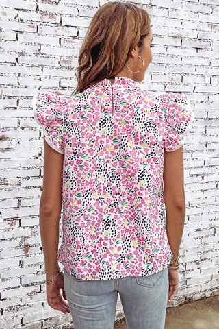 Ditzy Print Ruffle Sleeve Top - Pink