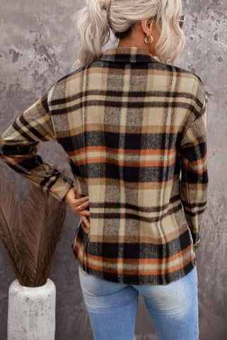 Flannel Plaid Shacket with Pockets - Orange