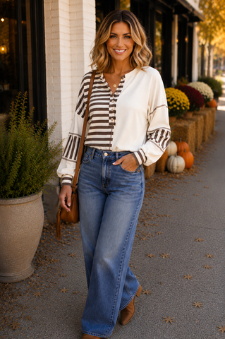 Striped Henley Top - Brown