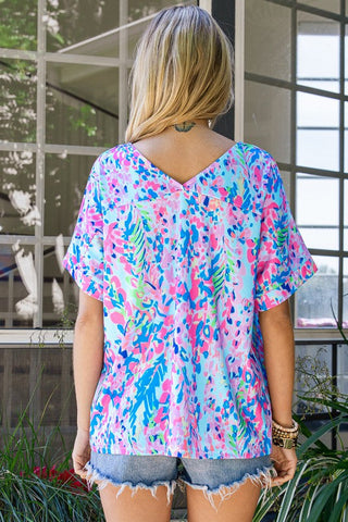 V-Neck Floral Top - Sky Blue