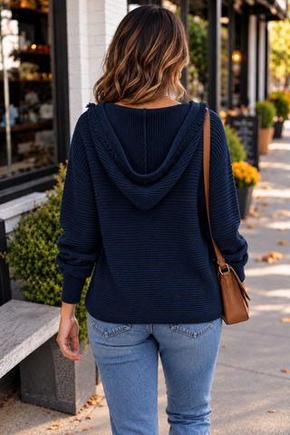 V-Neck Sweater Hoodie - Navy