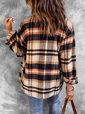 Flannel Plaid Shacket with Pockets - Orange