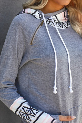 Aztec Print Double Hoodie - Gray