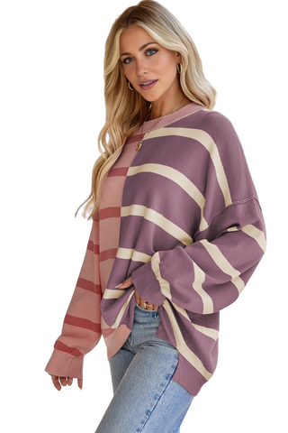 Crew Neck Striped Sweatshirt - Orchid and Pink