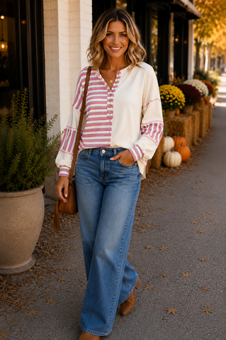 Striped Henley Top - Pink